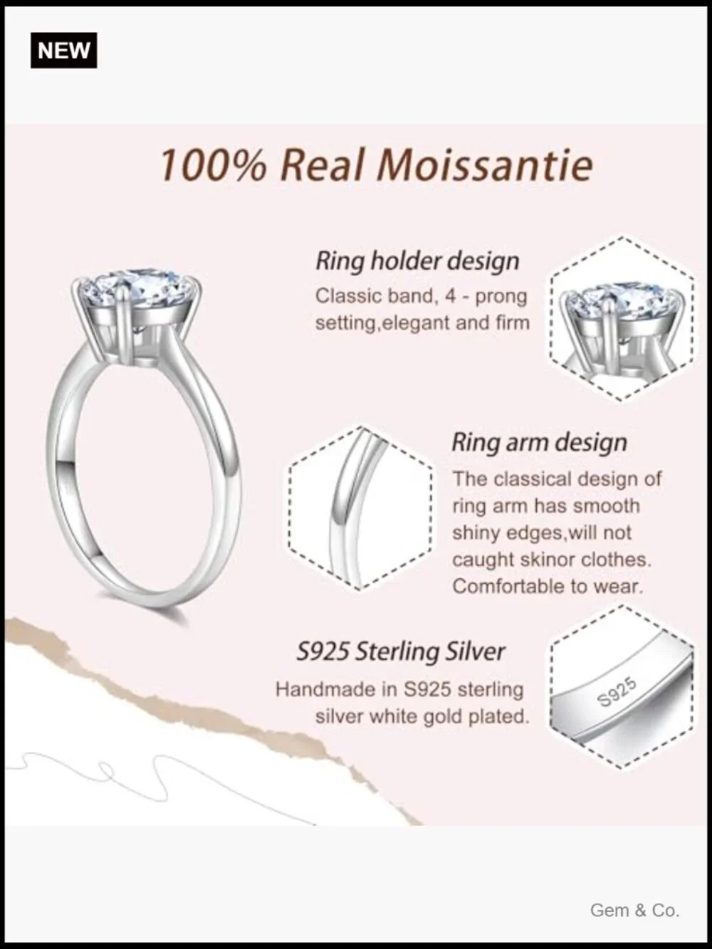 1/2/3/4 CT Round Moissanite Engagement Ring, D Color VVS1, S925 Sterling